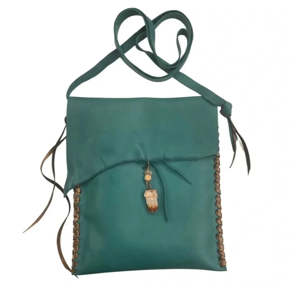 Teal Leather Crossbody Handbag w/Citrine Crystal, NWT, Handmade by me - Picture 1 of 6